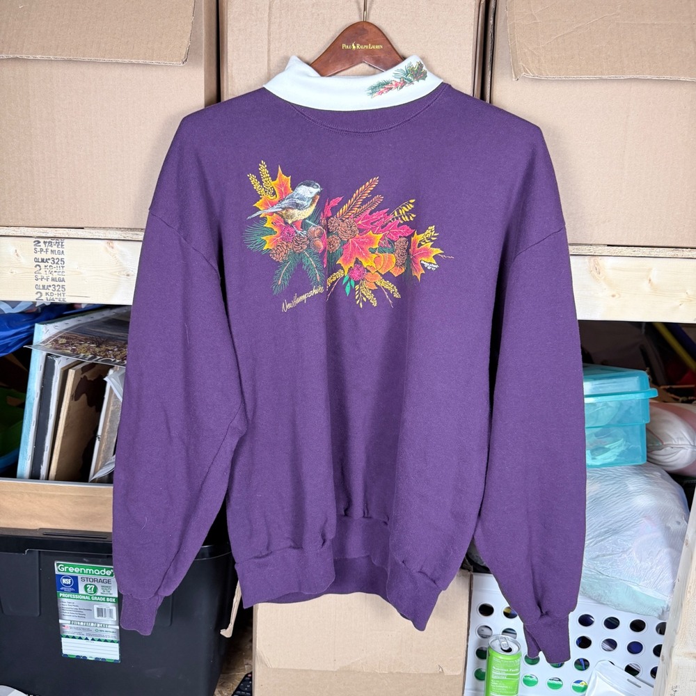 Vintage Jerzees Purple Turtleneck Sweatshirt Chickadee Fall Leaves Graphic XL